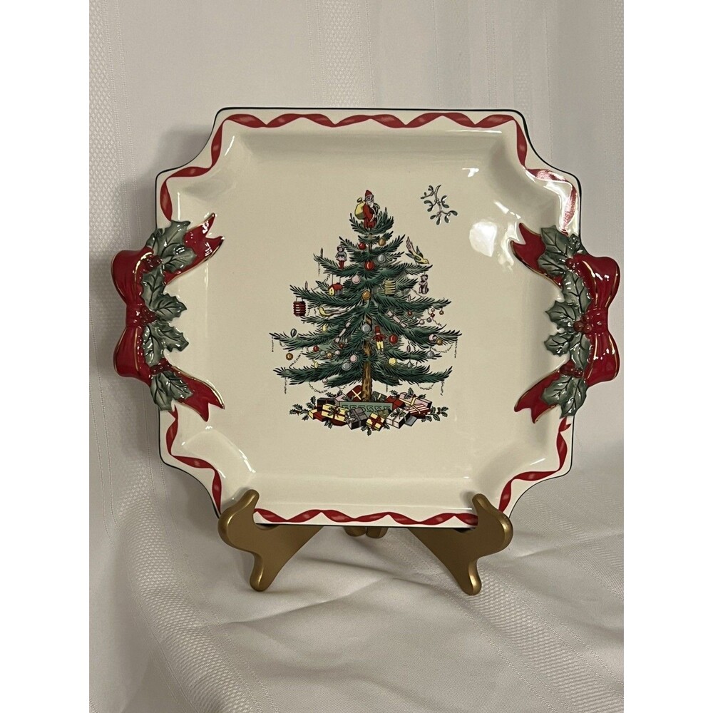 Spode Christmas Tree Ribbons Square Platter with Bow Handles - 11-Inch Holiday